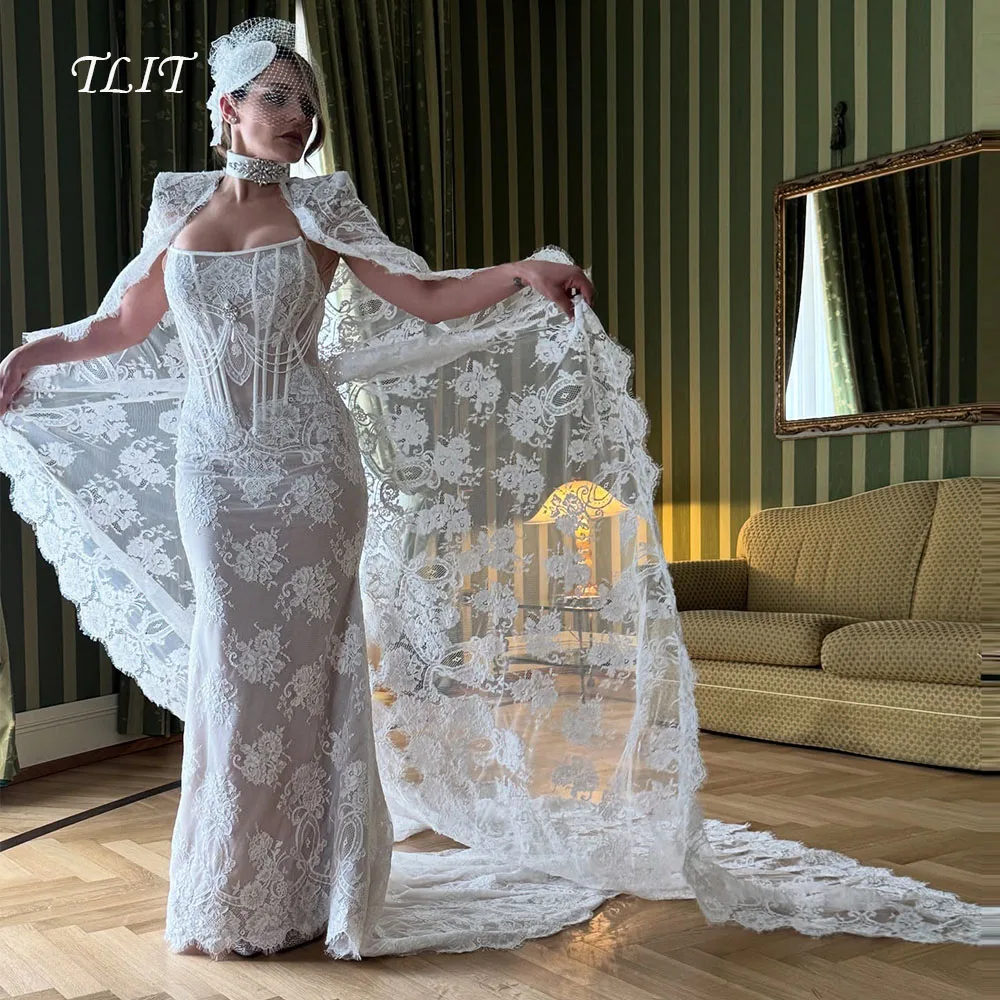 TLIT Luxurious Lace Mermaid Wedding Dresses Customized Sweetheart  فساتين زفاف Lace Shawl Pearls Bridal Gowns