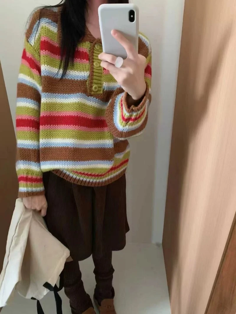

Korean Style Thickened Woolen Neck Sweater Vintage Color Stripe Collar Three Button Cozy Warm Casual Long Sleeve Women's...
