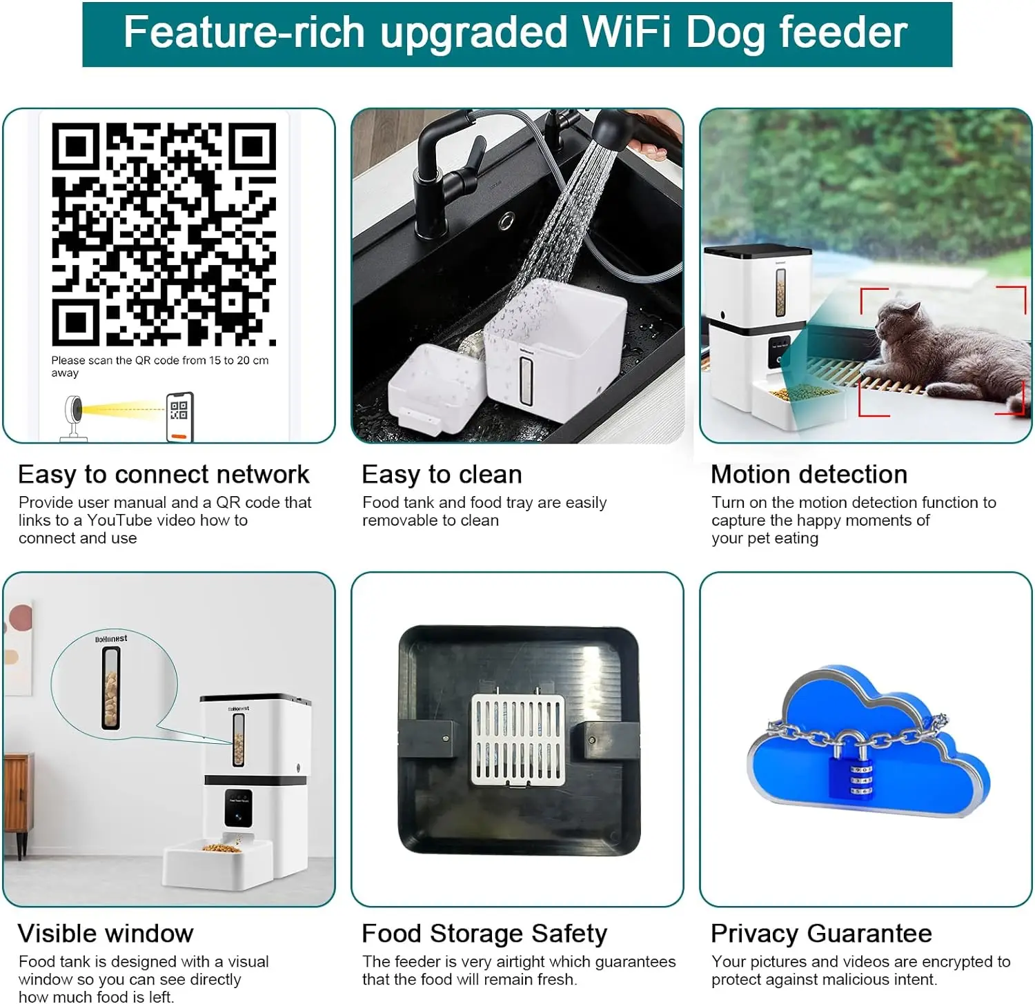 DoHonest-Alimentador automático para perros con cámara 5G, WiFi, fácil configuración, 8L de detección de movimiento, dispensador inteligente de