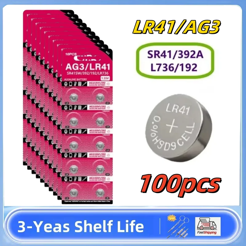 

100pcs AG3 1.55V Alkaline Button Battery AG3 192 LR41 SR41SW L736 Coin Cell Button Batteries For Watches Toys