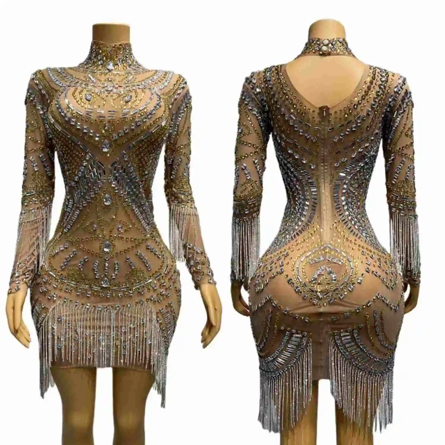 

Luxury Sparkly Crystals Tight Fitting Mini Dress Elegant High-end Tassel Mesh Evening Dress Celebrate Party Women Couture Mifeng