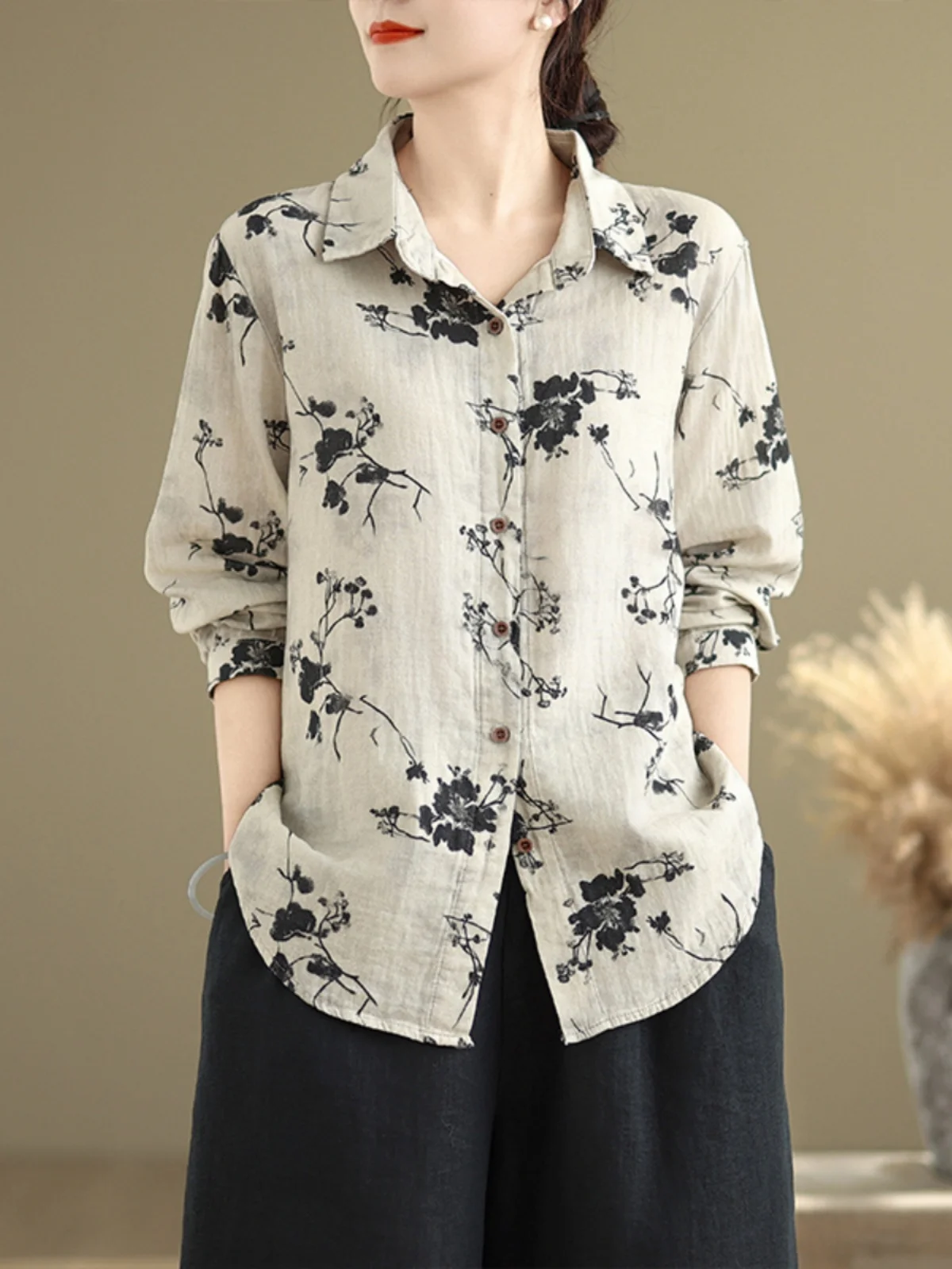 

Длинная женская одежда свободного покроя с цветочным принтом в стиле ретро в стиле дзен, свободная посадка большого размера, весенняя повседневная модная внутренняя одежда