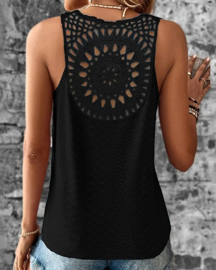 

Sexy Elegant Camis Vest Back Hollowed Out Lace Lace Lace Solid V-Neck Vest Top New Fashion 2024 Summer Casual Female Clothing