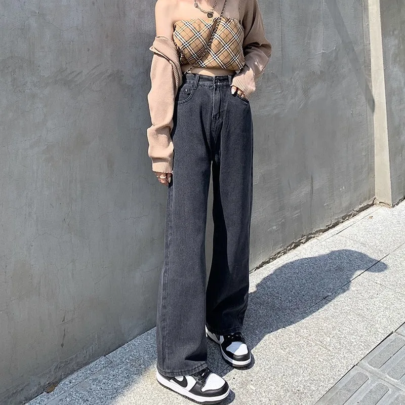 

High Waist Loose Straight Leg Jeans Women's Autumn Winter New Style Drapey Slimming Dad Wide Leg Floor-Length Pants