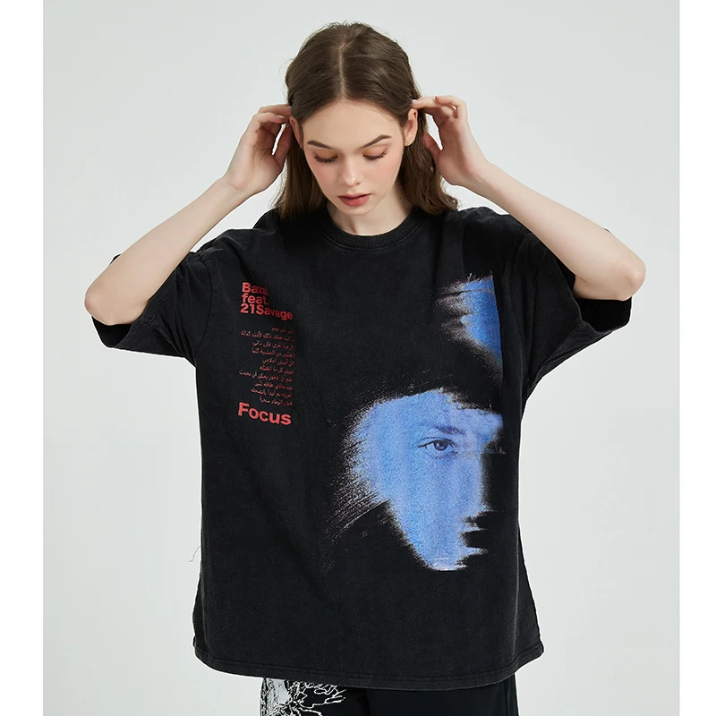 Men Streetwear Hip Hop Oversize T Shirt Blue Shadow Letter Graphic Vintage Washed Black T Shirt Harajuku Tshirt Tees Cotton