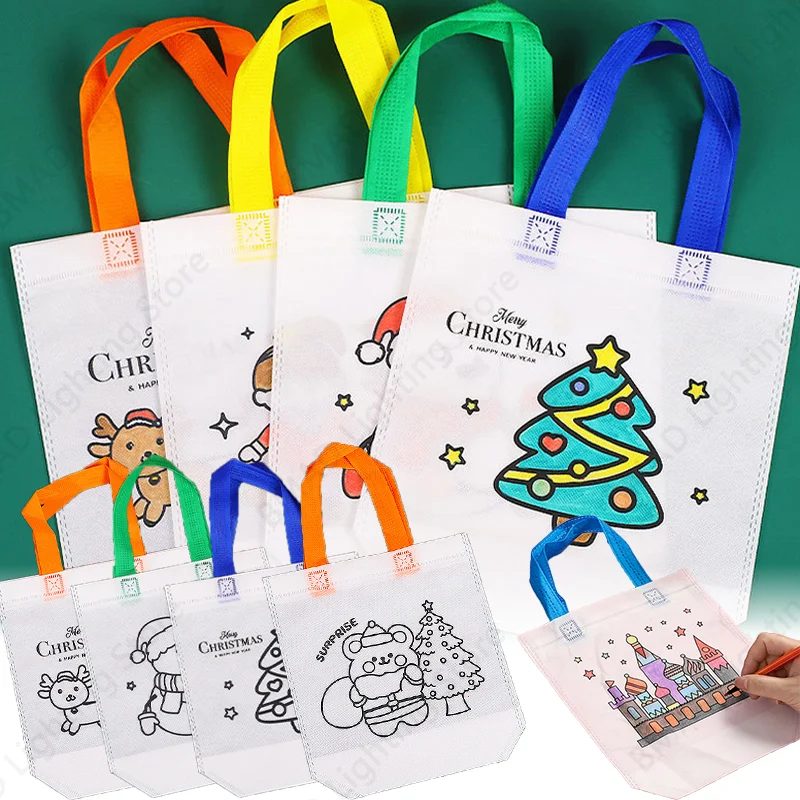 10PCS Christmas DIY Mini Graffiti Bag DIY Non Woven Fabric Reusable Birthday Christmas Party Gift Bag Painting Drawing