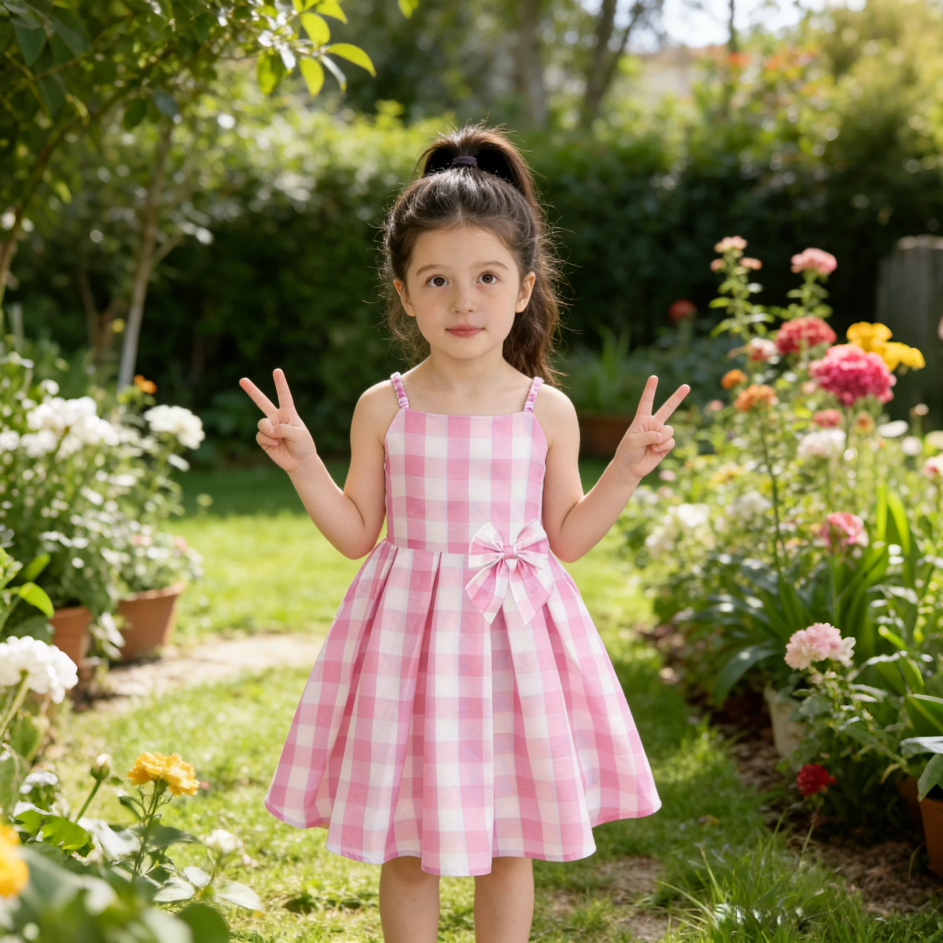 Girls Pink Plaid Slip Dress Costume with big decorative bow. Sweet spaghetti strap flared swing skirt outfit, perfect for birthd
