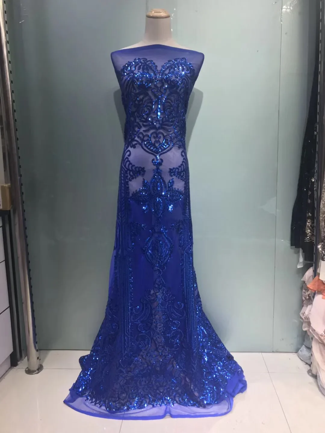 

African Tulle Lace Fabric 2021 High Quality Glitter Lace Fabric African Blue Color Lace Fabric Applique For Dresses JL008