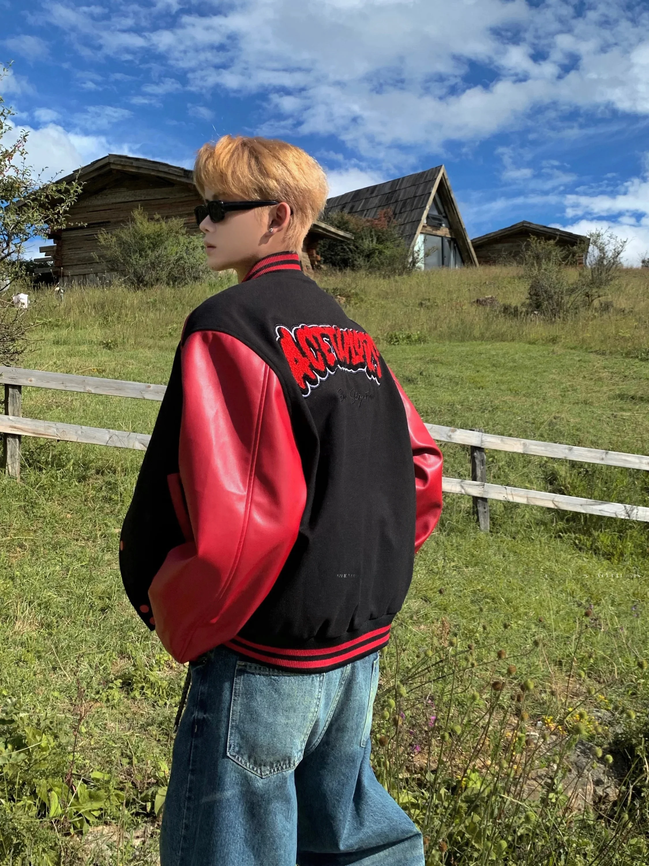 Ace American High Street Heavyweight Embroidered Baseball Jacket Men's Trendy Vintage Color Block Leather Loose Motorcycle Coat