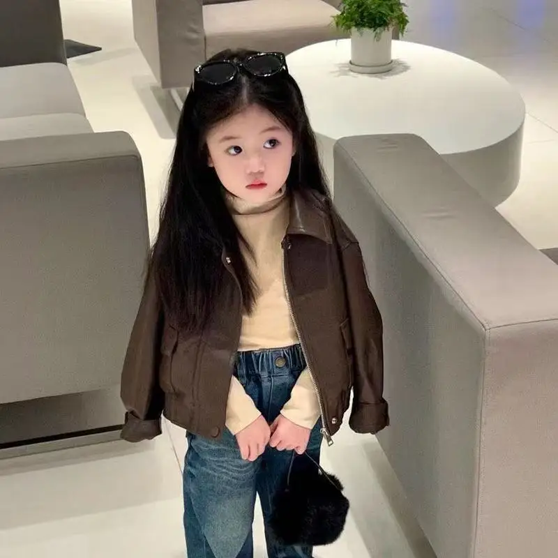 Children's Leather Jacket Spring Autumn 2026 New Style Boys Girls Korean Fashionable Biker Coat Kids Clothing