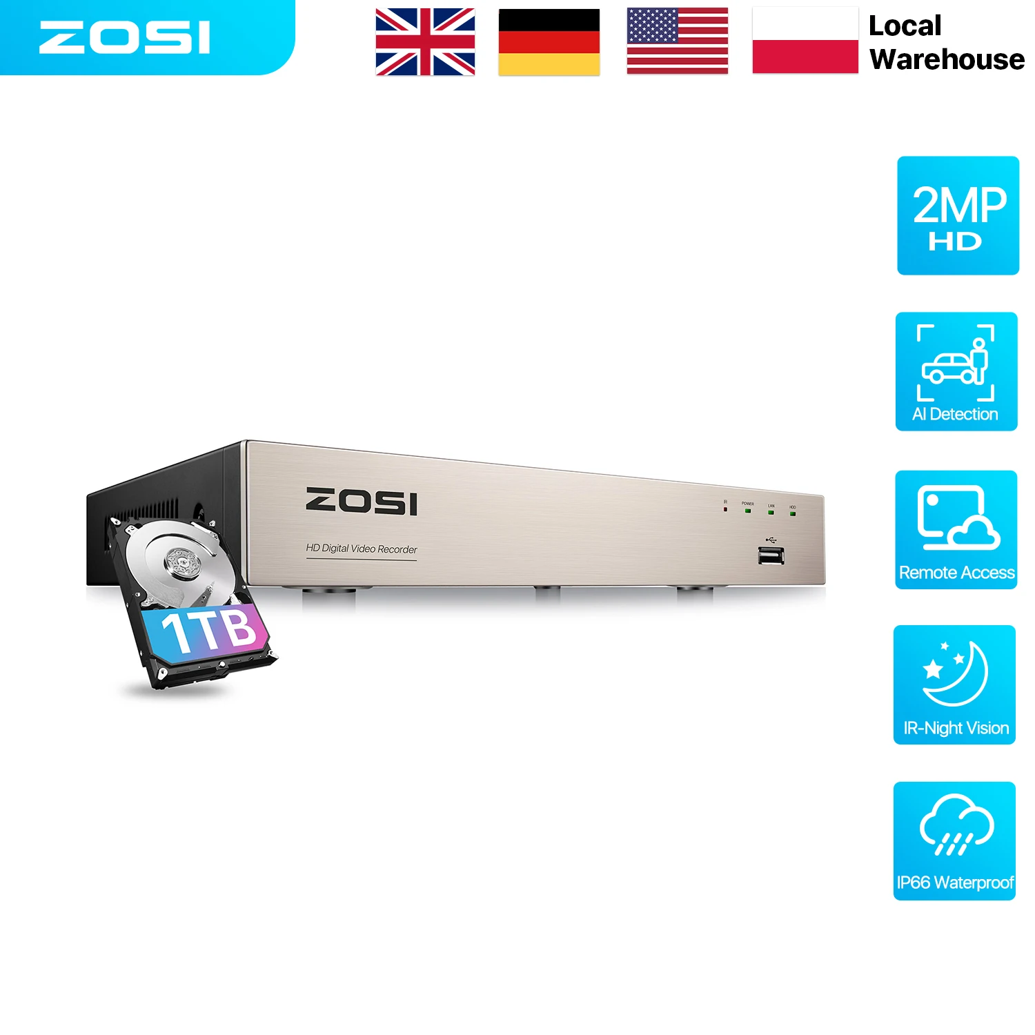

ZOSI 8CH 1080P H.265+ DVR 4-IN-1 24/7 Recording 2MP Video Surveillance Recorder for Analog AHD TVI CVI Camera Hybrid HDMI DVR