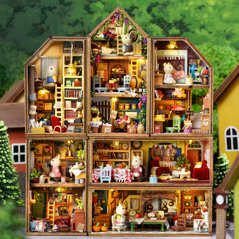 New DIY Mini Rabbit Town Casa Wooden Doll Houses Miniature Building Kits with Furniture Dollhouse Toys for Girls Birthday Gifts