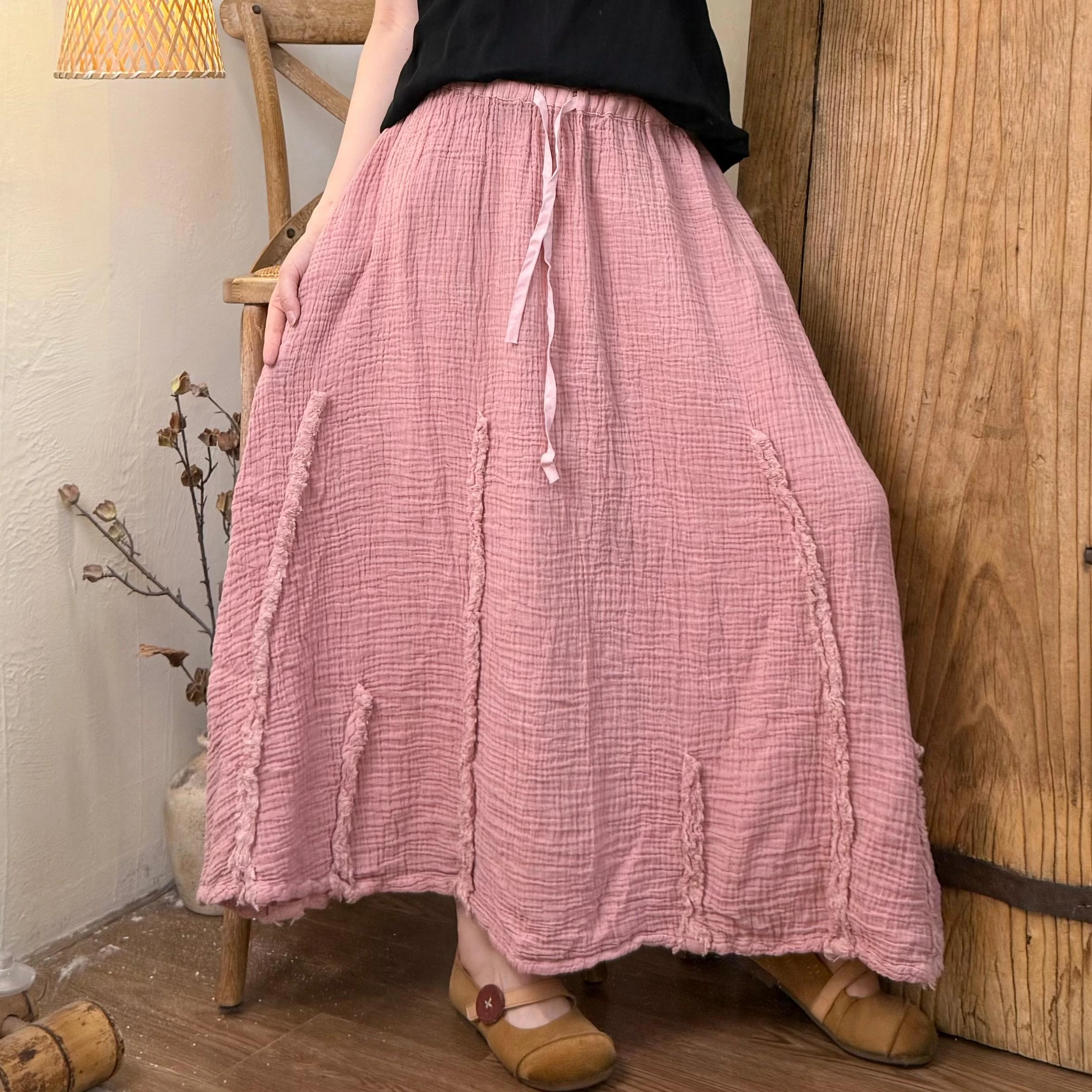 ارتفاع الخصر القطن الكتان تنورة طويلة المرأة وصول جديد 2025 الصيف خمر نمط بلون فضفاض الإناث التنانير غير رسمية T669