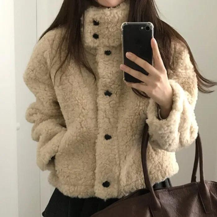 

Chic Autumn Winter ort Lamb Fur Thiened Stand Collar Coat for Women Sli College Sle Youthful Outerwear Ladies Jaet