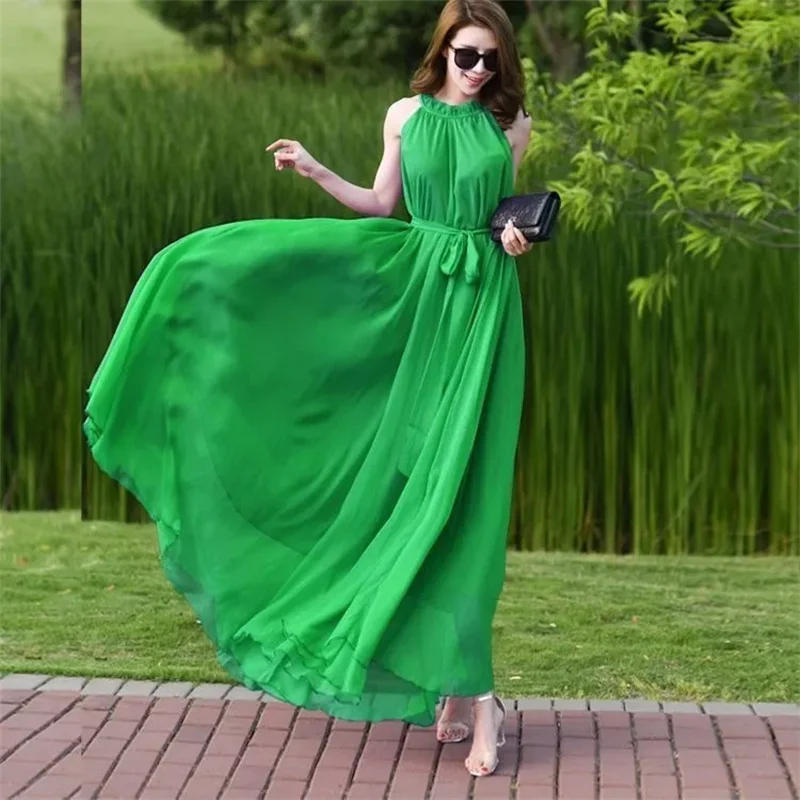 Zielone długie sukienki damskie 2025 New Bohemian Solid Chiffon Dress Holiday Beach Summer Elegant Ladies Big Swing Dress White Red
