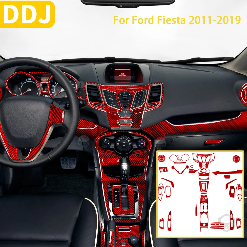 For Ford Fiesta 2011-2019 Accessories Red Carbon Fiber Car Interior Speedometer Control Door Gear Panel Trim Sticker Decoration