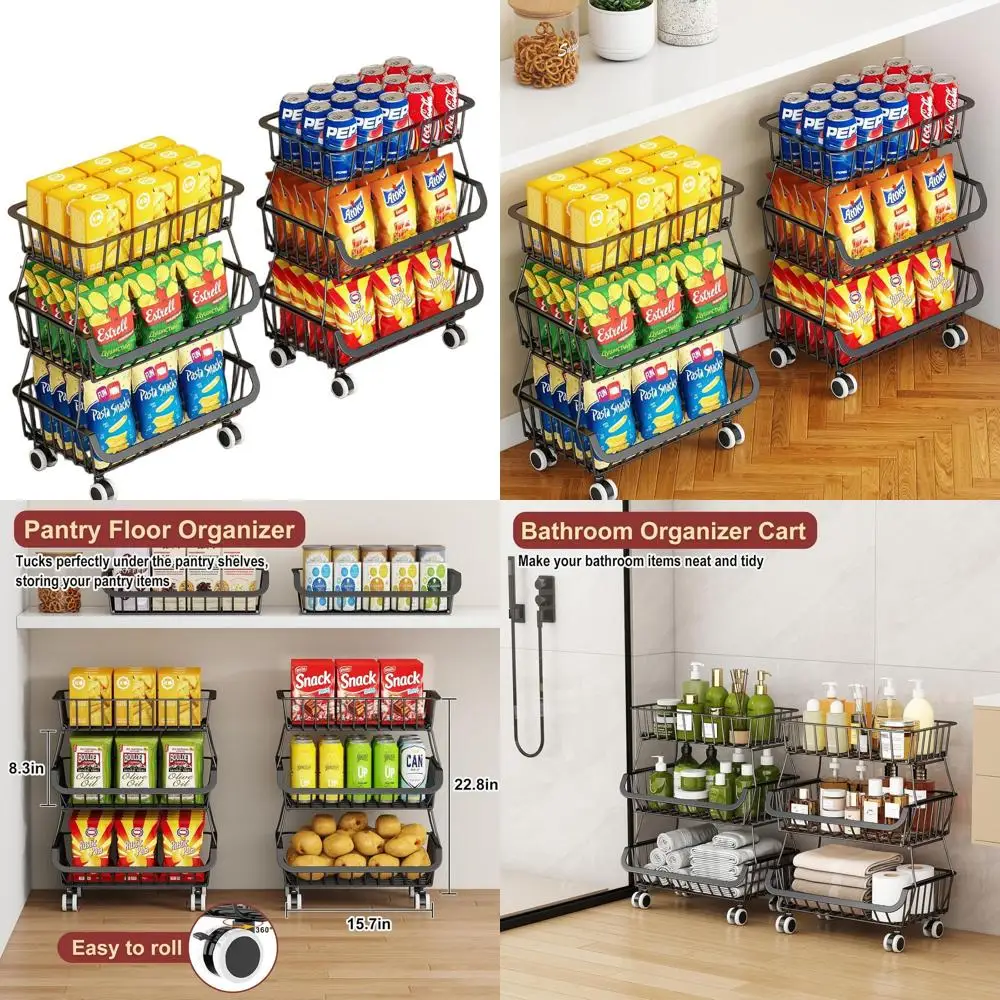 

Stackable 3-Tier Rolling Pantry Cart, Wire Storage Organizer for Kitchen, Snack, Fruit, and Vegetable Rack, Black, 2-Pack