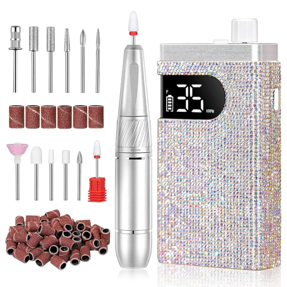 Portable 35000RPM Electric Nail Drill with 12 Bits for Acrylic/Gel Nails, Manicure & Pedicure, Sparkling Glitter Effects