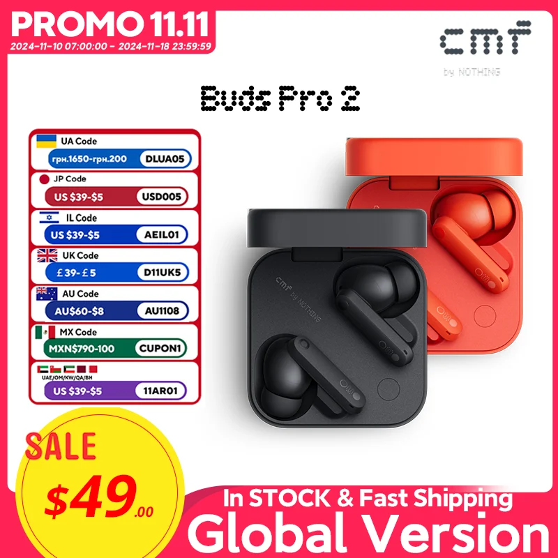 Global Verison CMF by Nothing Buds Pro 2 with 50 dB Hybrid Active Noise Cancellation 6 HD MICS IP55 Bluetooth 5.3 Buds Pro2