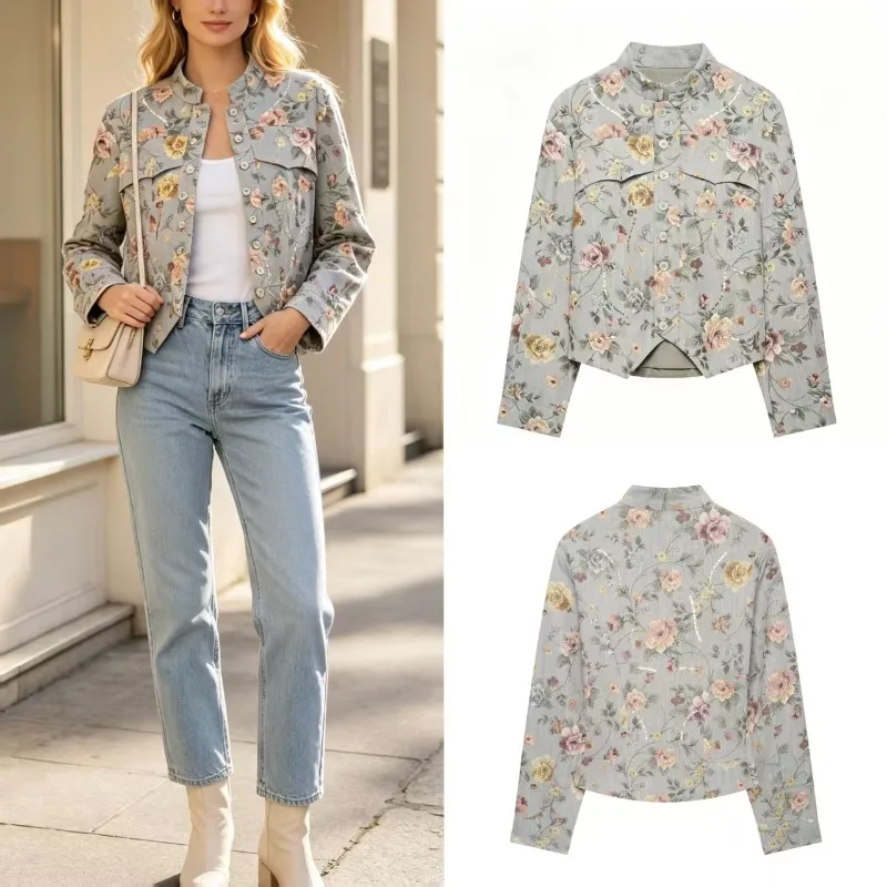 2026 Women S Cropped Jacket Floral Jacquard Stand Collar Outerwear Comfortable To Wear Perfect for Date Outfit