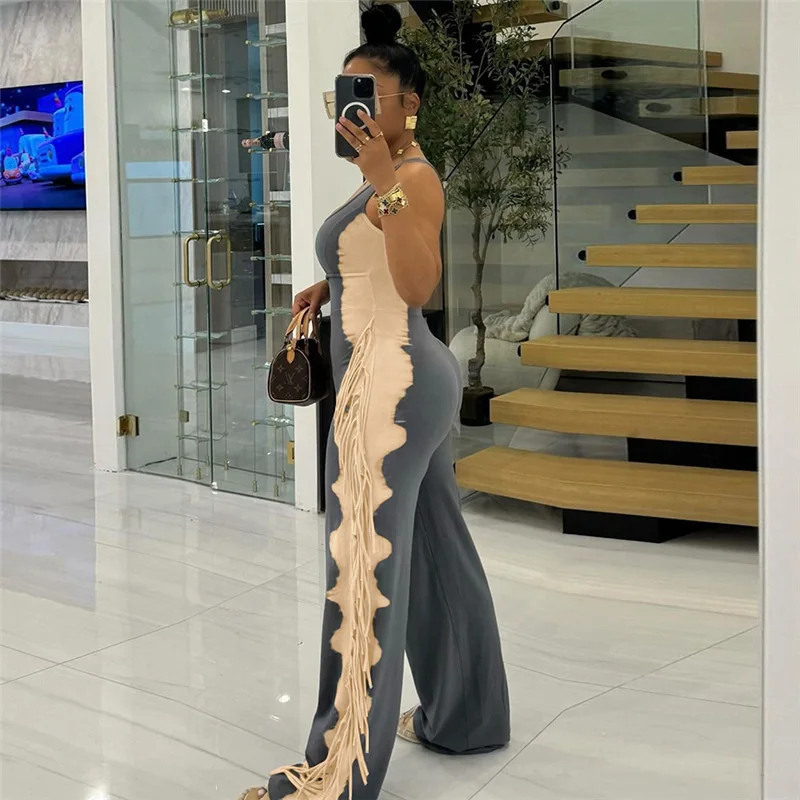 Damski kombinezon bez ramiączek z frędzlami, letni, elastyczny, bez rękawów, z dekoltem typu tank, seksowny, długi kombinezon.