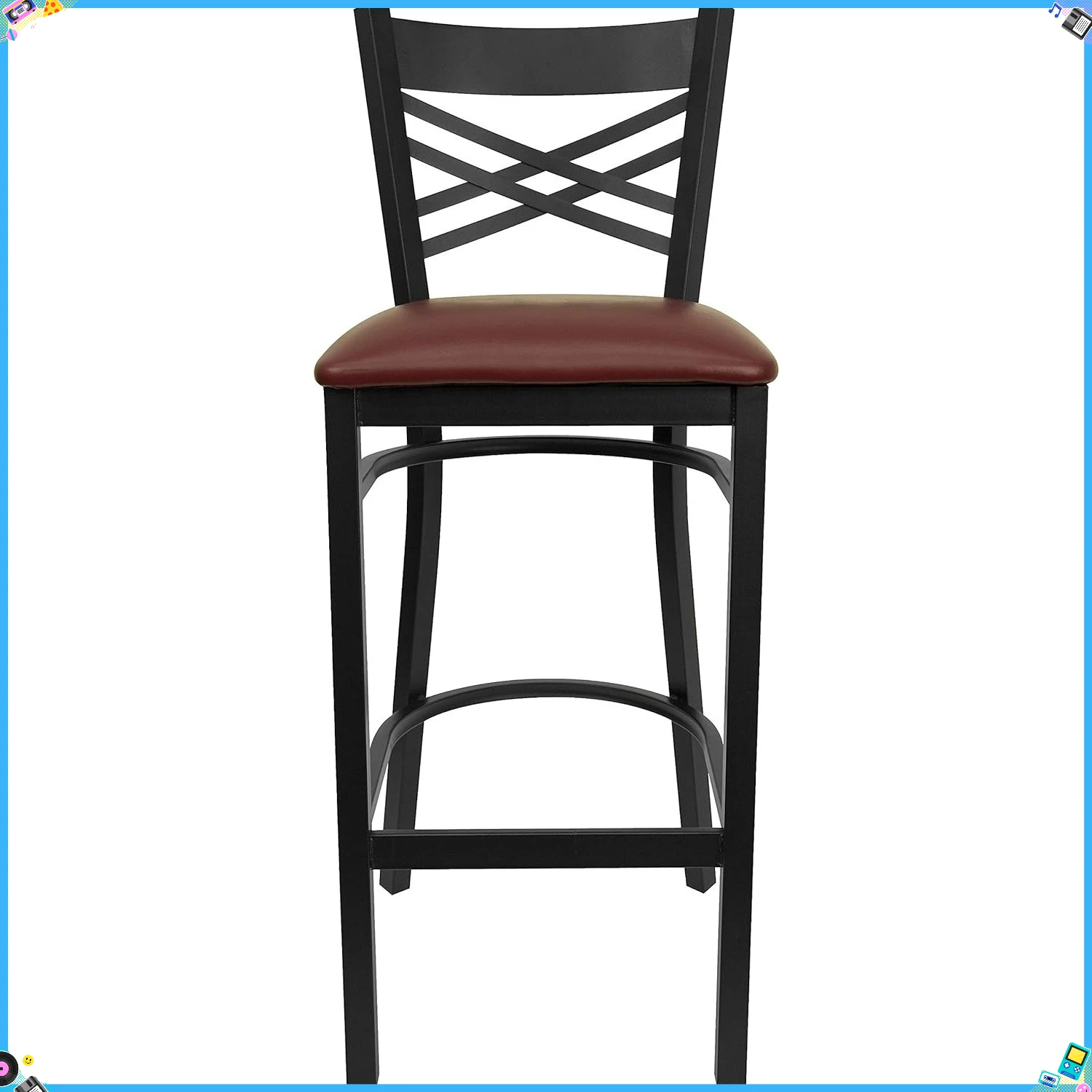 Taburete de bar industrial con respaldo en X negro, taburete de mostrador de 42,25 pulgadas de altura, asiento de vinilo burdeos de 18 pulgadas de profundidad y 17 pulgadas de ancho, para decoración de comedor de pub de cocina