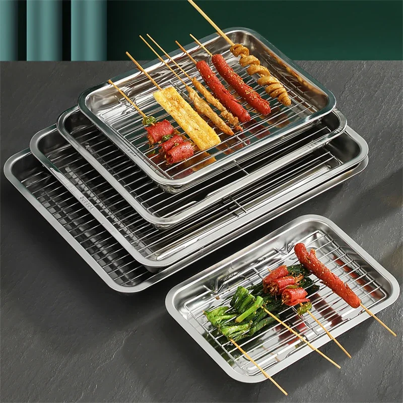 

Rectangular Storage Plates Stainless Steel Bakeware with Cooling Rack Kitchen Oven Baking Tray Oil Filter Pan Food Service Trays