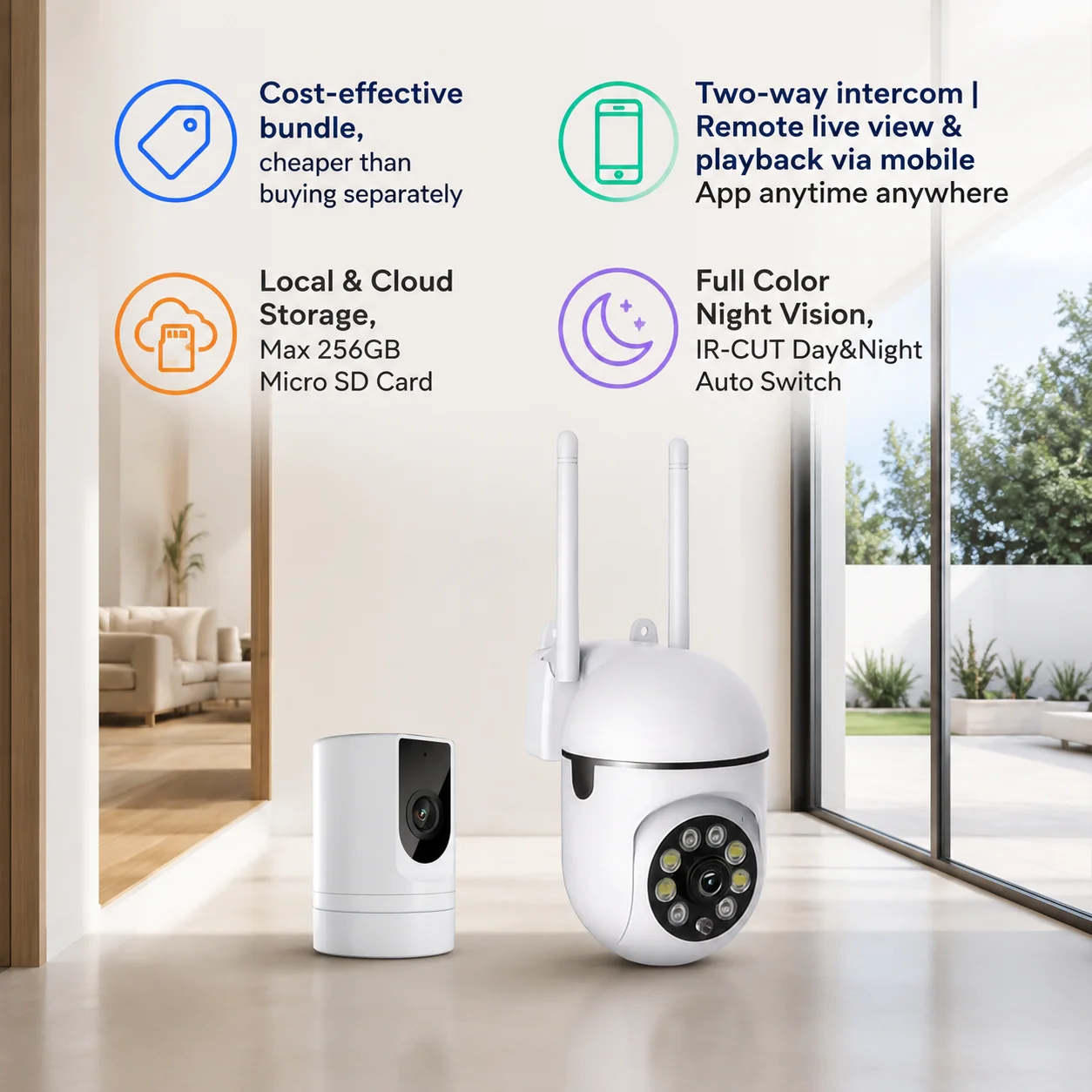 2PC Security Camera System PTZ 2.4G WiFi FHD Outdoor Indoor Monitor, Auto Human,Home &  Tracking, IR Night Vision, Two-Way Audio