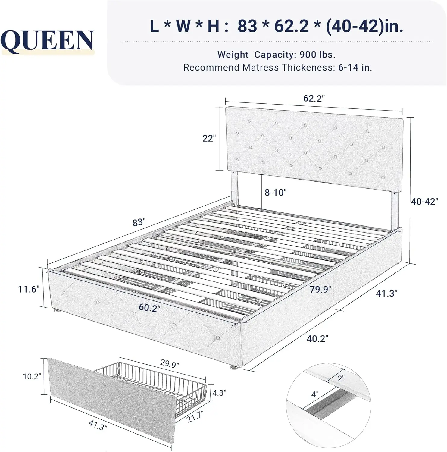 Upholstered Queen Size Platform Bed Frame with 4 Storage Drawers and Headboard, Diamond Stitched Button Tufted, Mattress Foundat