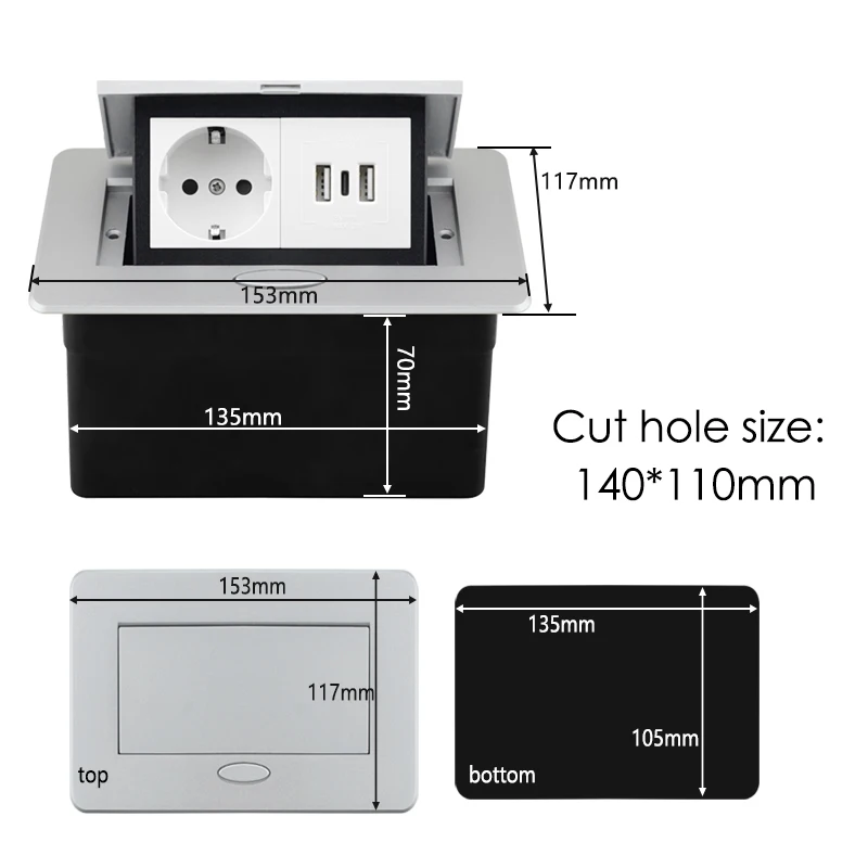 FR Table Socket in the Countertop Electrical Outlets USB Type C Aluminum Panel French Standard Hidden  Built-in Desk Office