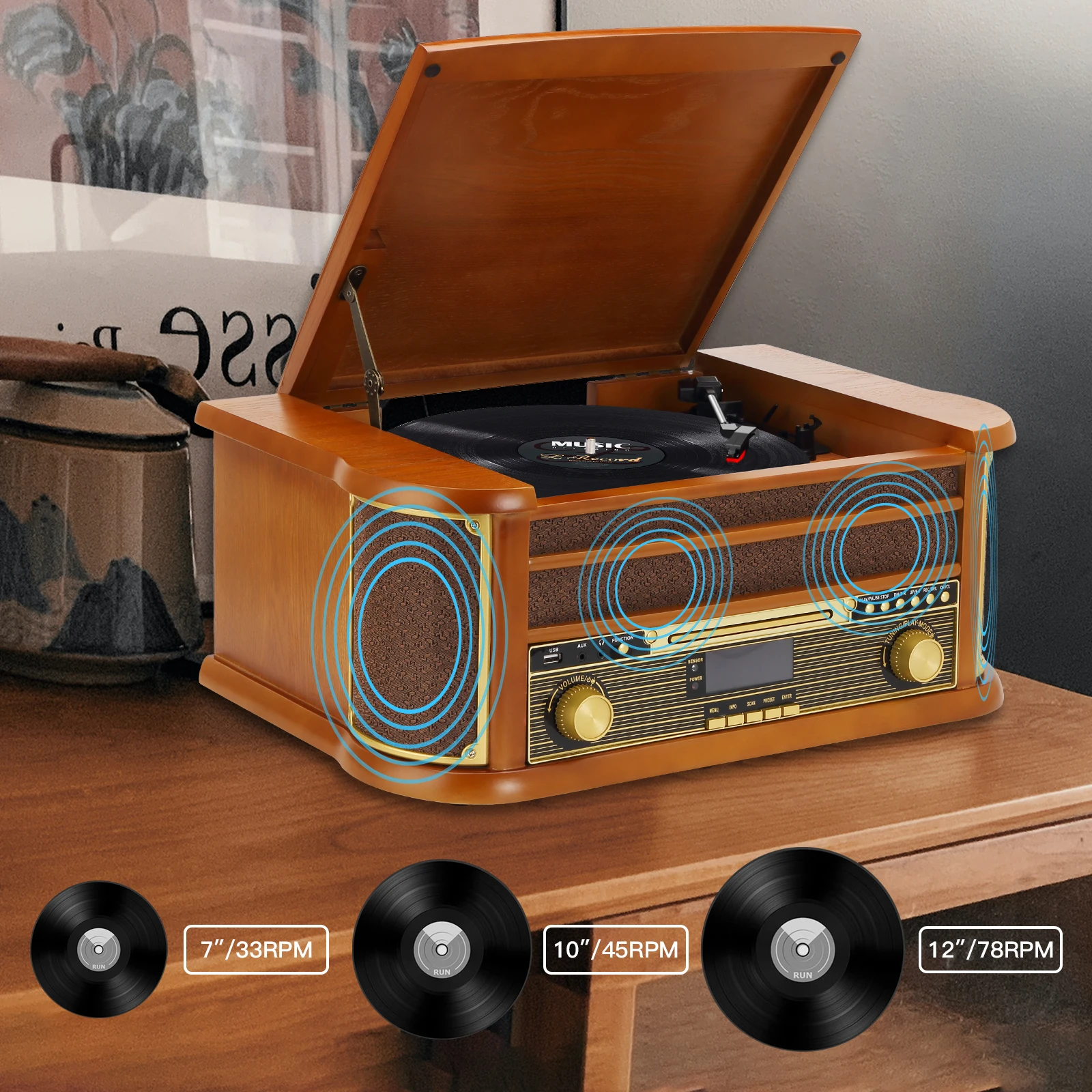 Latest 2024 model Nostalgic Bluetooth Vinyl Record Player With Speaker USB SD CD Cassette Turntables System