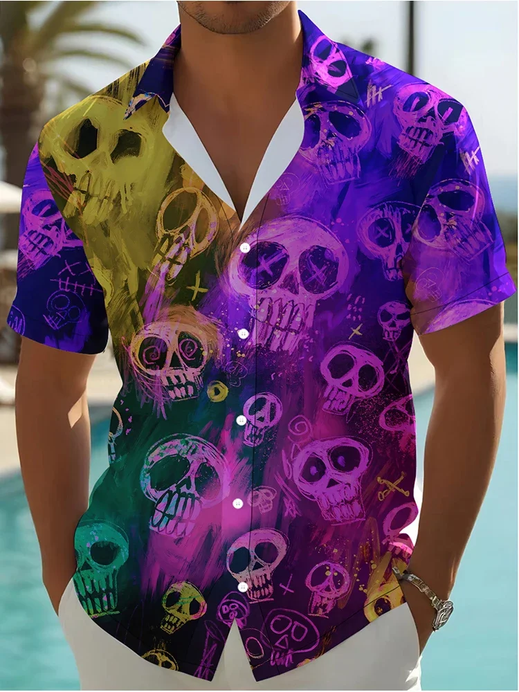 High Street Popular Summer Short Sleeve Shirt Casual Loose Classic Buttons Men's Shirt Colorful Skull 3d Digital Printing Shirt