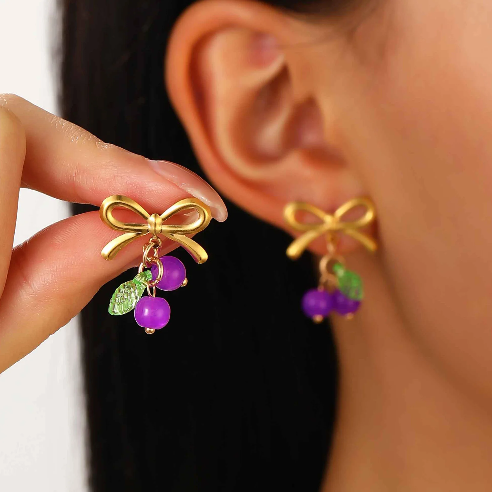 

INS Style Cute Bow Cherry Stainless Steel Earring For Women Trendy Colorful Round Bead Earring Paty Jewerly Gift Accessories