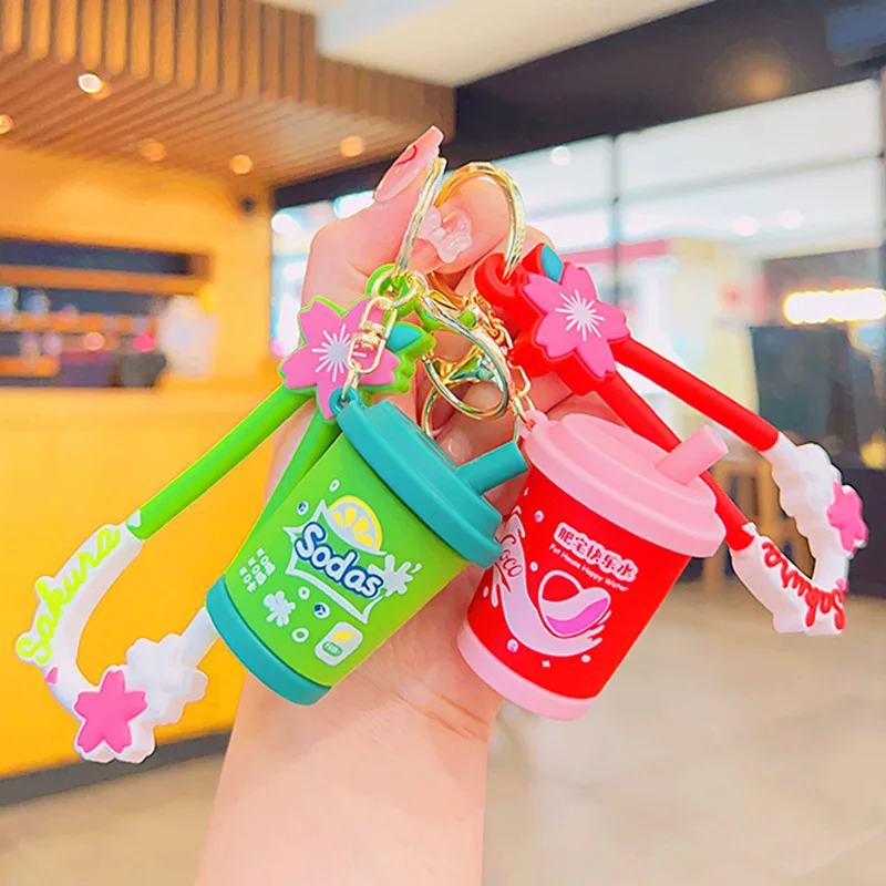 Creative Drink Milk Tea Cup Schoool Bag Keychain Cute Fashion Coke Sprite Sodas Bottle Pendant Keyring Couple Backpack Ornaments