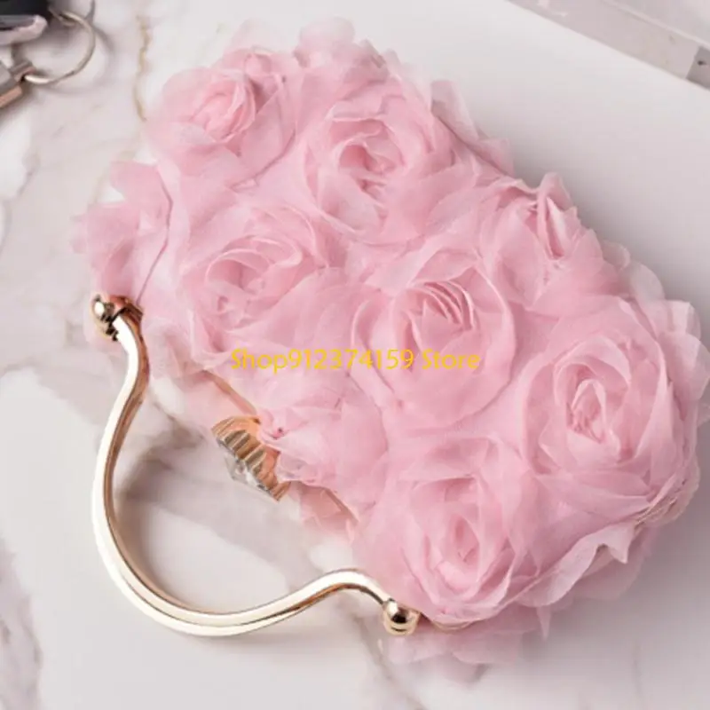 

G5AE Rhinestones Top Handle Handbag with 3D Rose Floral Women's Evening Clutch Purse