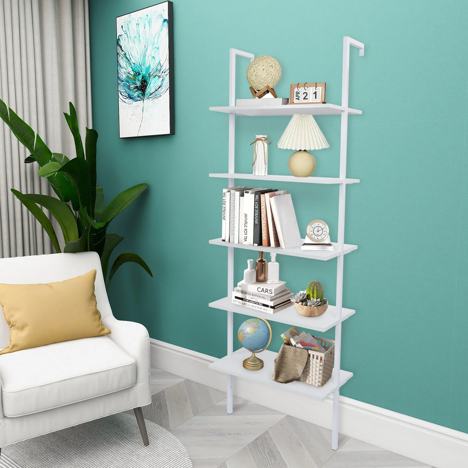 

5-Shelf White Wood Ladder Bookcase with Metal Frame Industrial 5-Tier Modern Ladder Shelf Wood Shelves Storage Rack