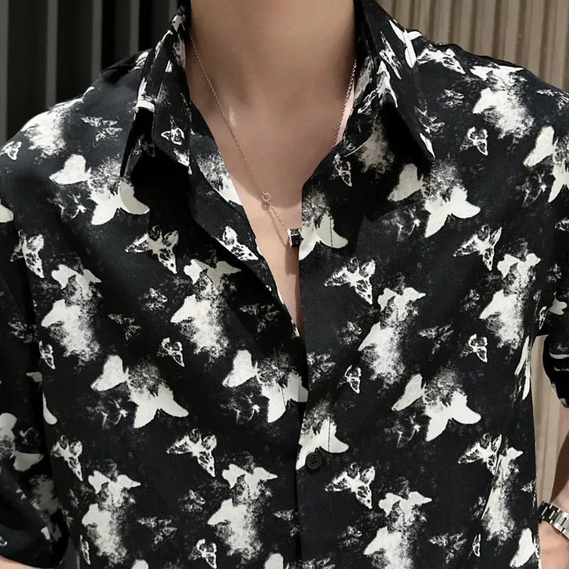 Retro Trendy Summer Ice Silk Fabric Men\'s Printed Turn Down Collar Versatile Middle Sleeve Loose Single Breasted Shirt Top