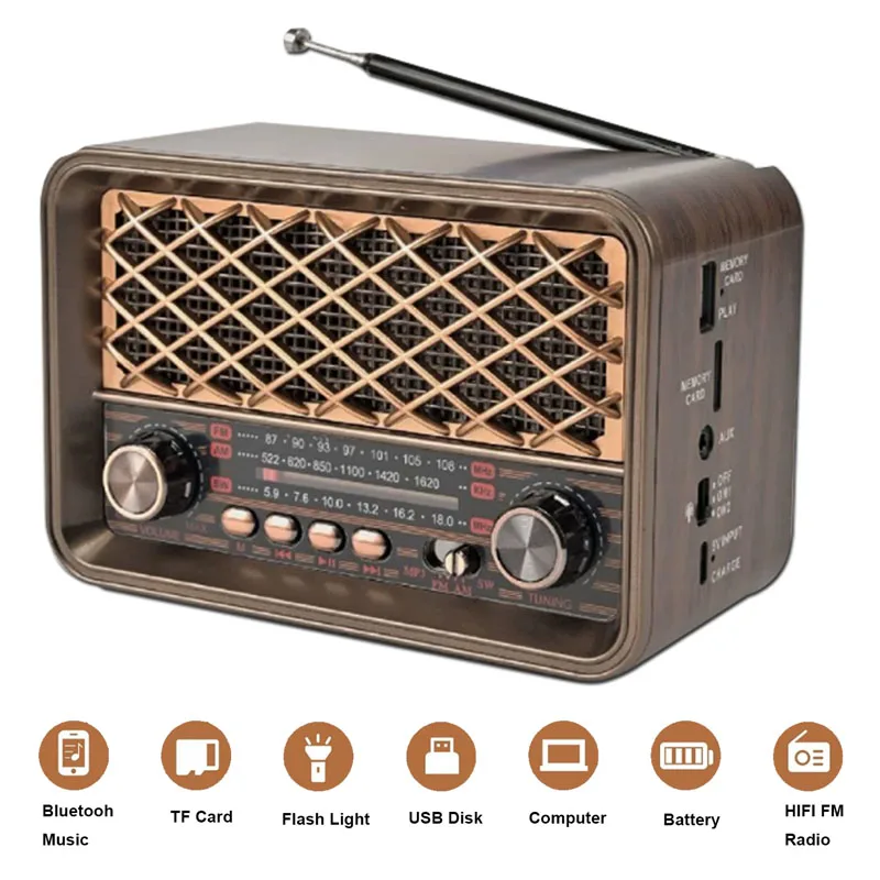 Portable Vintage Radio Classic Retro FM AM SW Full Band Radios Receiver Wireless Bluetooth Speaker Support LED Llight TF USB AUX