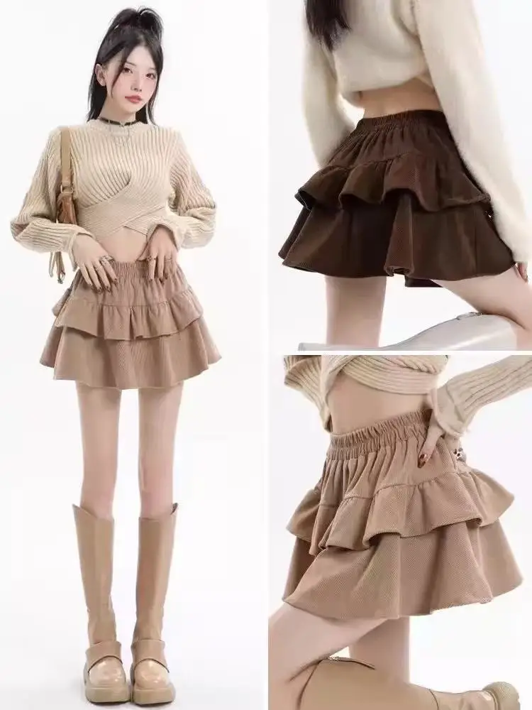 Summer New Corduroy Short Skirt For Women's Casual Niche Elastic High Waisted A-Line Pleated Skirt Anti Glare Fluffy Cake Skirt