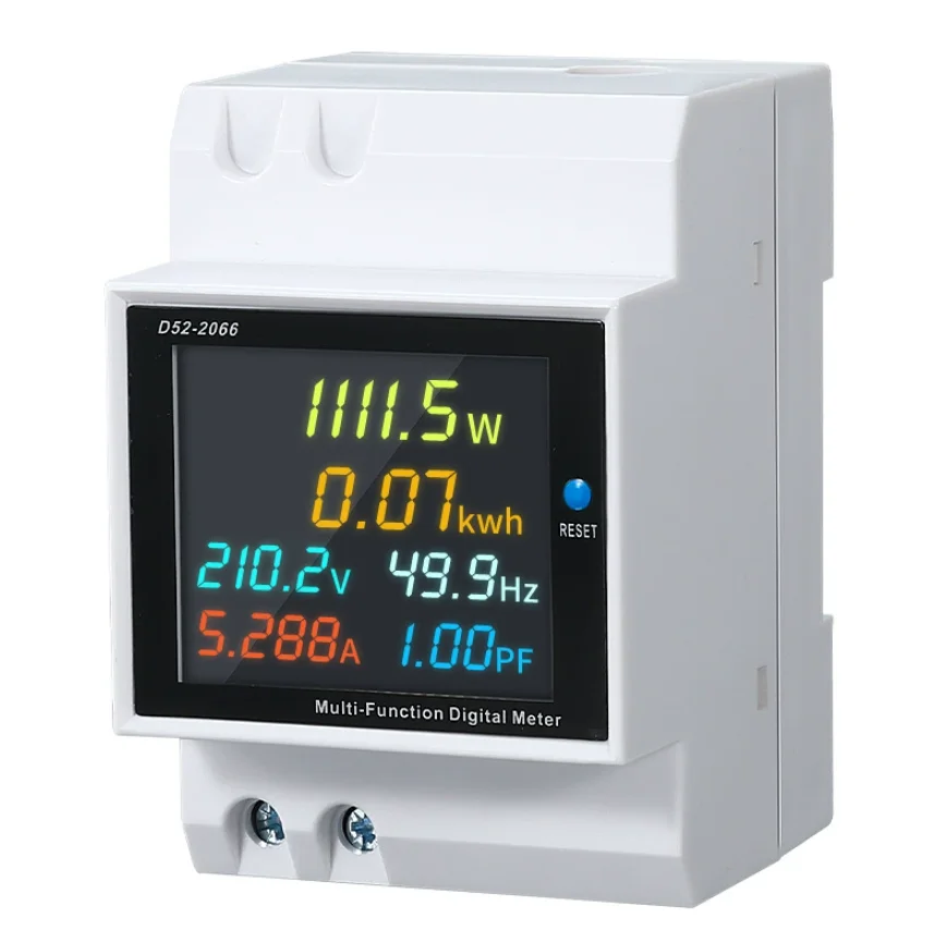 Medidor de Energia Elétrica AC 6 em 1 para Trilho DIN 110V 220V 380V 100A com Monitor de Tensão, Corrente, Fator de Potência, KWH e Frequência para Sistemas Elétricos