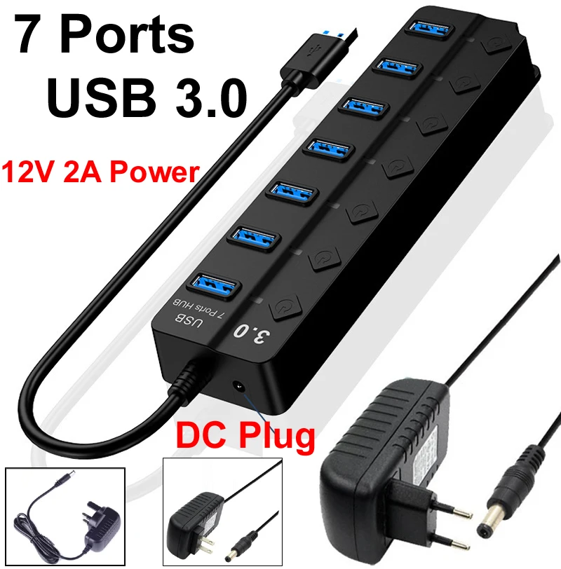 High Speed USB Docking Station, USB 3.0, 5Gbps, Hub Splitter com Controle de Interruptor para Laptop, Macbook Pro, 7 em 1