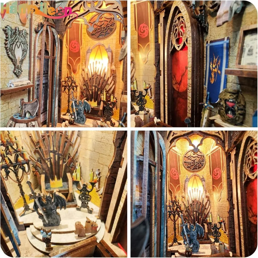 Hamaileon DIY ブックコーナーキット タッチライト付き 木製本棚上のミニチュアハウス 手作り工芸品 大人用 (ドラゴンキャッスル)