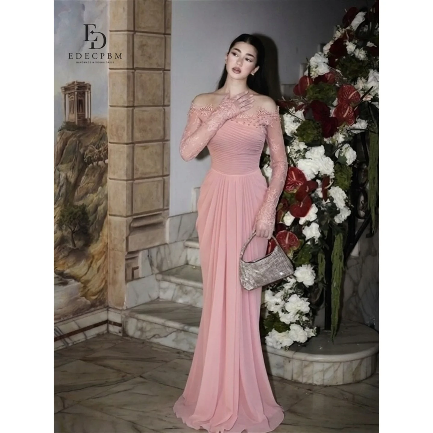 

EDECPBM Chiffon Off The Shoulder Pink A-Line Evening Dress 2026 Prom Dress Elegant Cocktail Party فساتين براند Women Luxury 2026