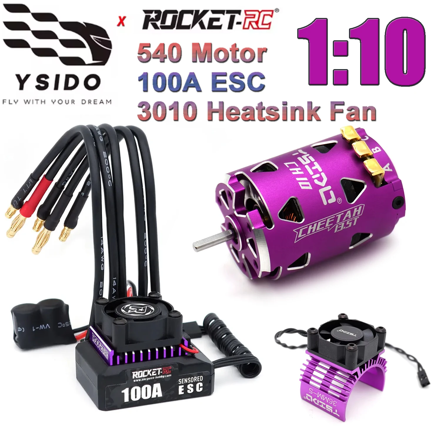 ROCKET RC 100A ESC CH10 540 Motor Brushless Combo w/ 3010 Heatsink Cooling Fan for 1/10 Wltoys Traxxas Axial RC Drift Racing Car