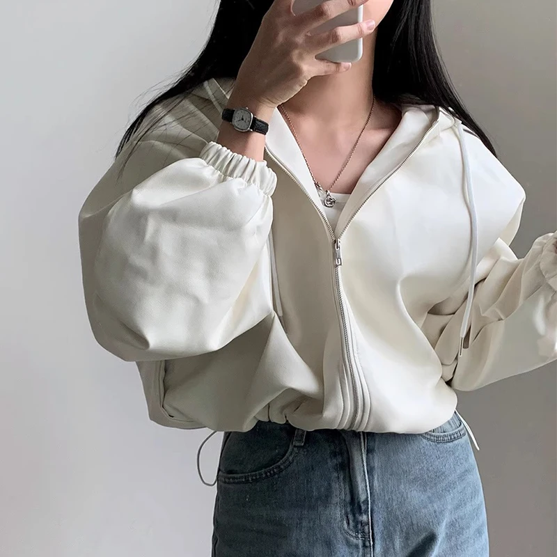 Chic Autumn Faion Women's ort PU Leather Jaet Hooded Dstring Long Sve Retro Sle Casual Outerwear Coat