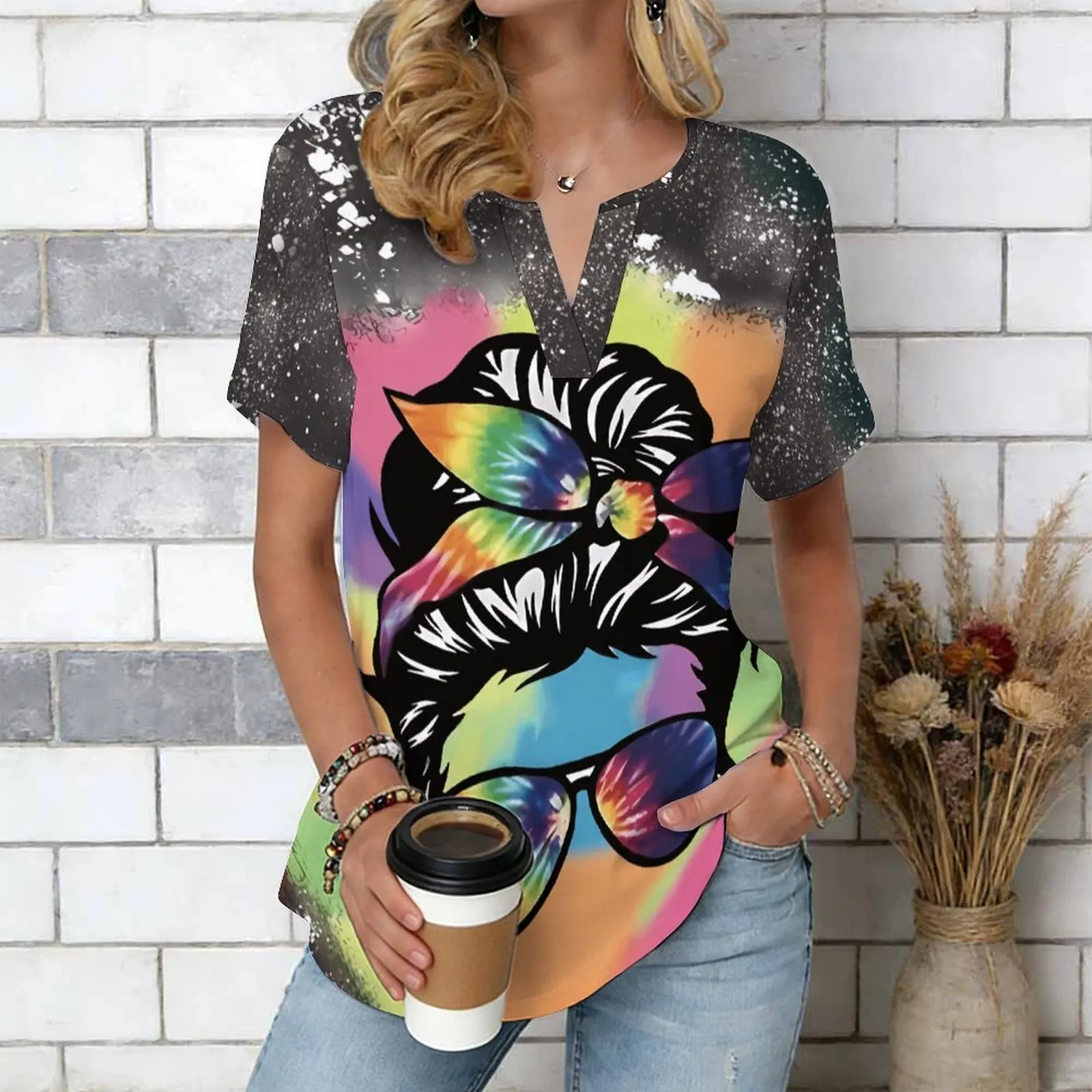 Women Print Notched V Neck Short Sleeve Casual Loose Tunic Tops