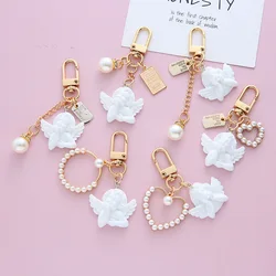 Creative White Angel Keychain Vintage Mini Pearl Keyring Gold Color Car Key Holder Bag Charms Accessories Holiday Gift For Women