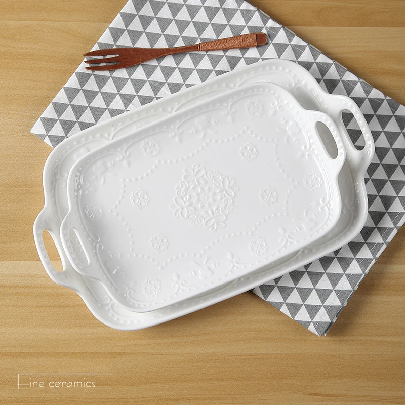 2pcs Set,10+12inch, White Embossed Porcelain Square Tray with Handle, Ceramic Vintage Buffet Tray, Chafing Dish, Display
