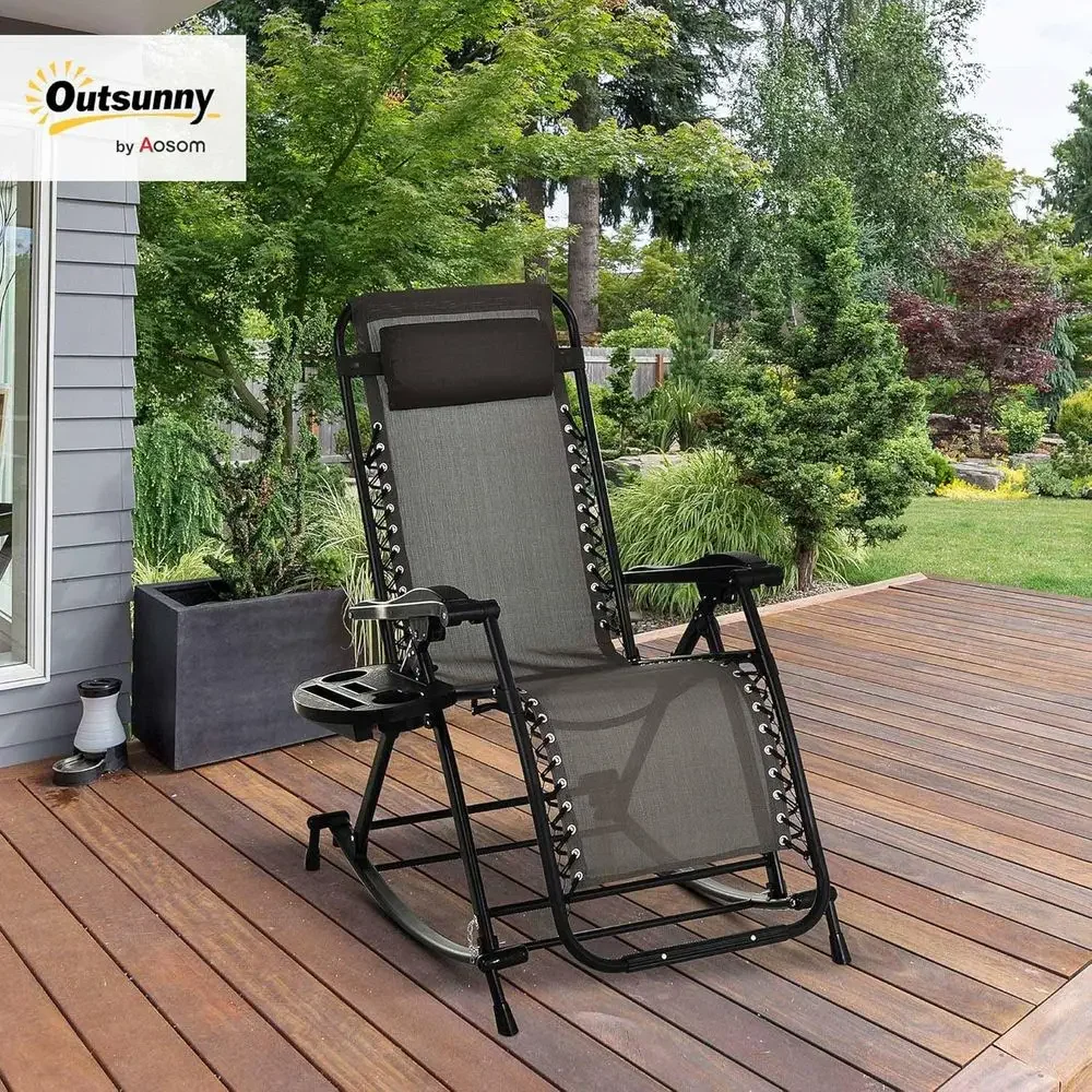 Gray Outdoor Reclining Zero Gravity Rocking Lounge Chair with Pillow, Cup & Phone Holder, Folding Legs Design