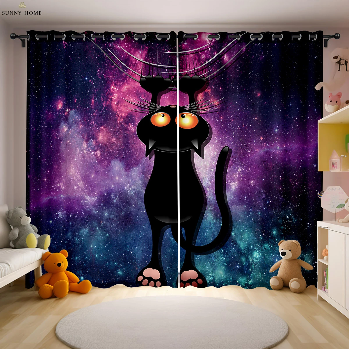 2 Pieces Of Cat Under The Starry Sky Cartoon Print Curtains 100% Polyester Children's Room Bedroom Living Room Curtains